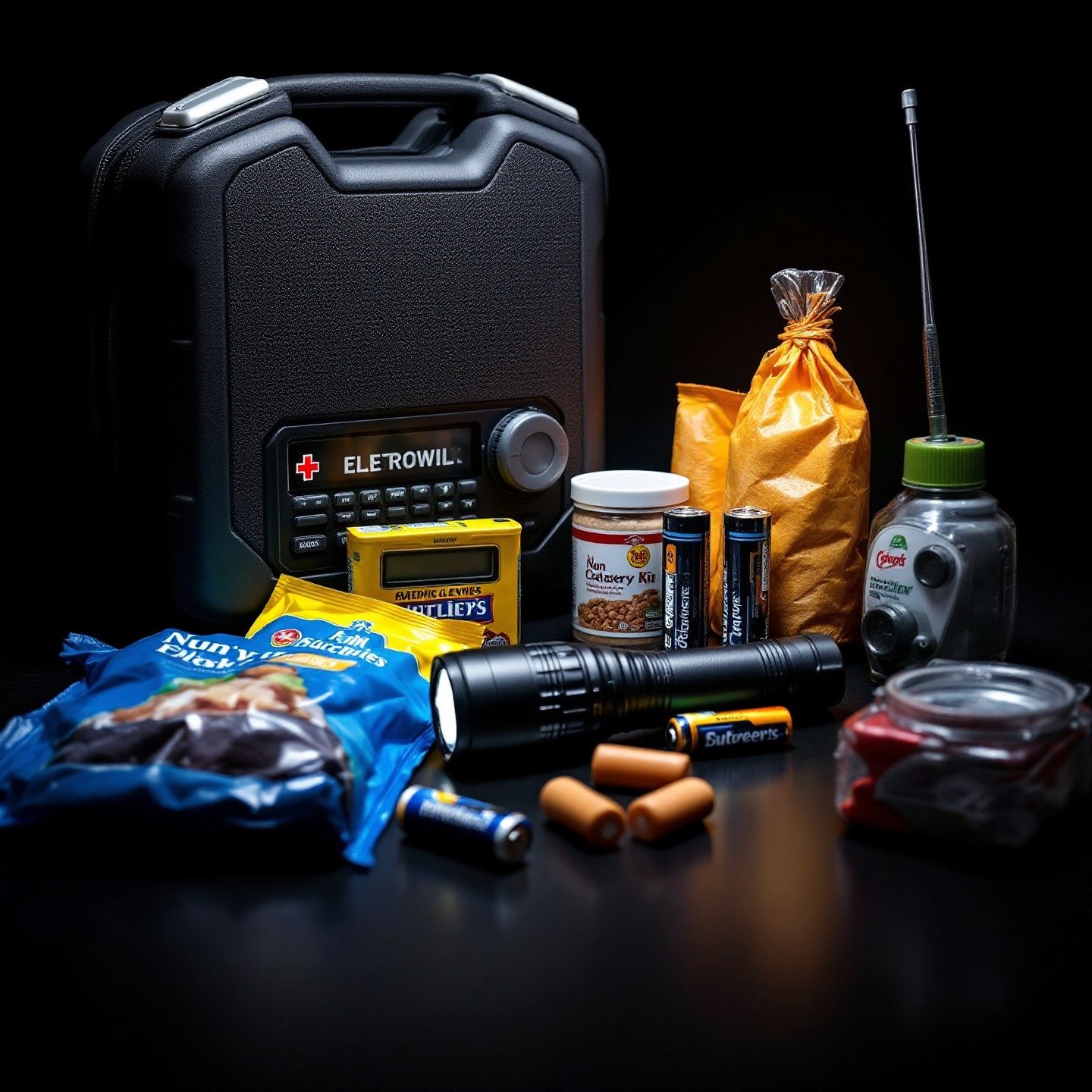 Un kit de emergencia con linterna, radio, baterías y alimentos, mostrando los suministros esenciales para saber qué hacer durante un apagón eléctrico.