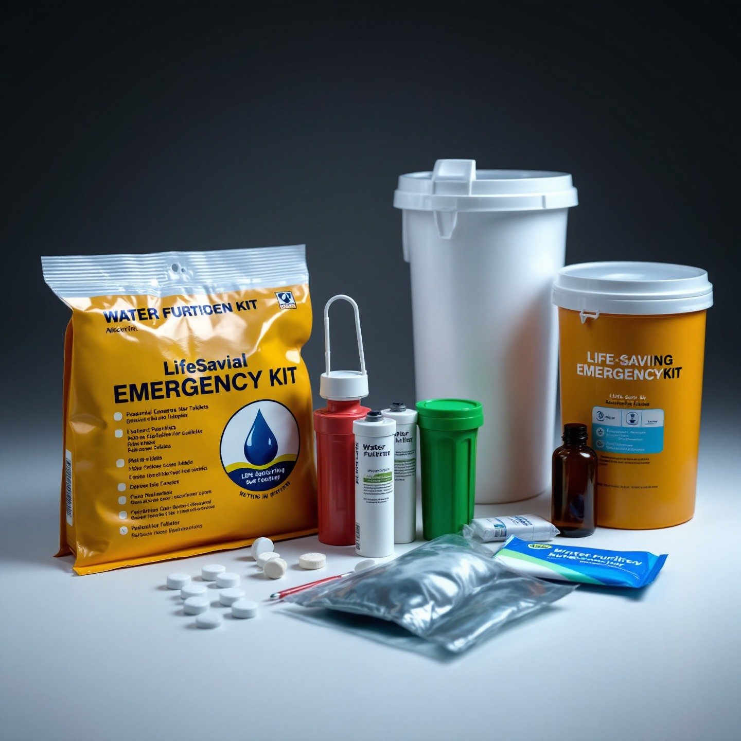Un kit de emergencia con tabletas potabilizadoras, filtros y recipientes, mostrando los suministros esenciales para filtrar agua emergencia.