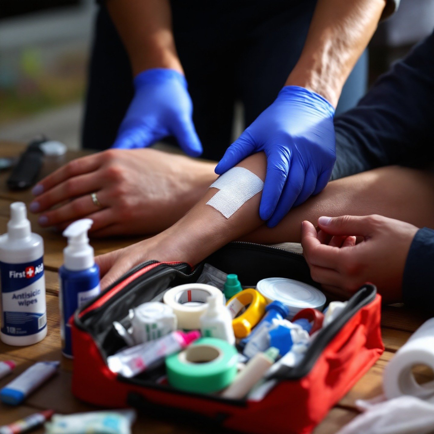 Una persona aplicando un vendaje en el brazo de otra persona, utilizando insumos de un botiquín de primeros auxilios completo, ilustrando un escenario de uso real.