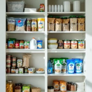 Una despensa bien organizada con alimentos enlatados, agua y alimentos liofilizados, ilustrando una de las claves de cómo conservar alimentos en emergencia.