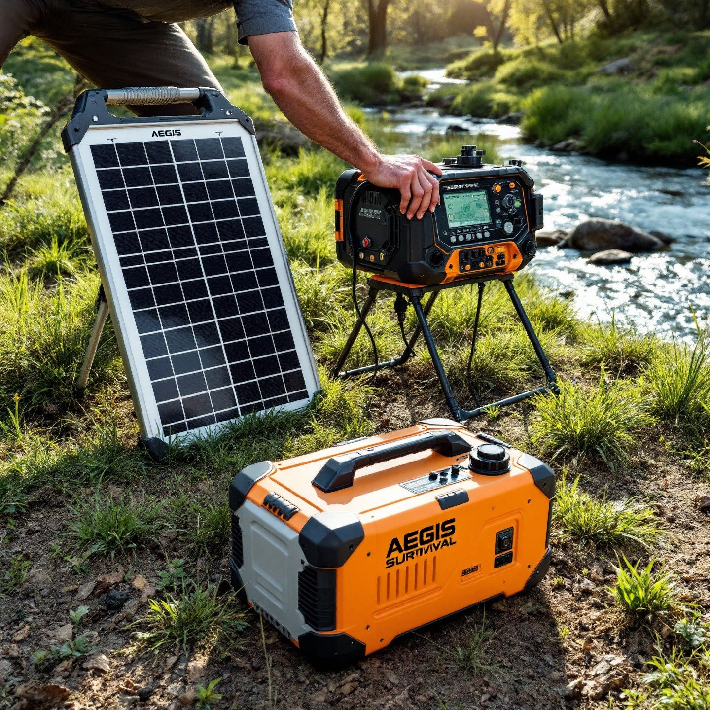 Un panel solar portátil de AEGIS SURVIVAL cargando una estación de energía en un entorno natural, ilustrando una de las formas de cómo generar electricidad en emergencia.