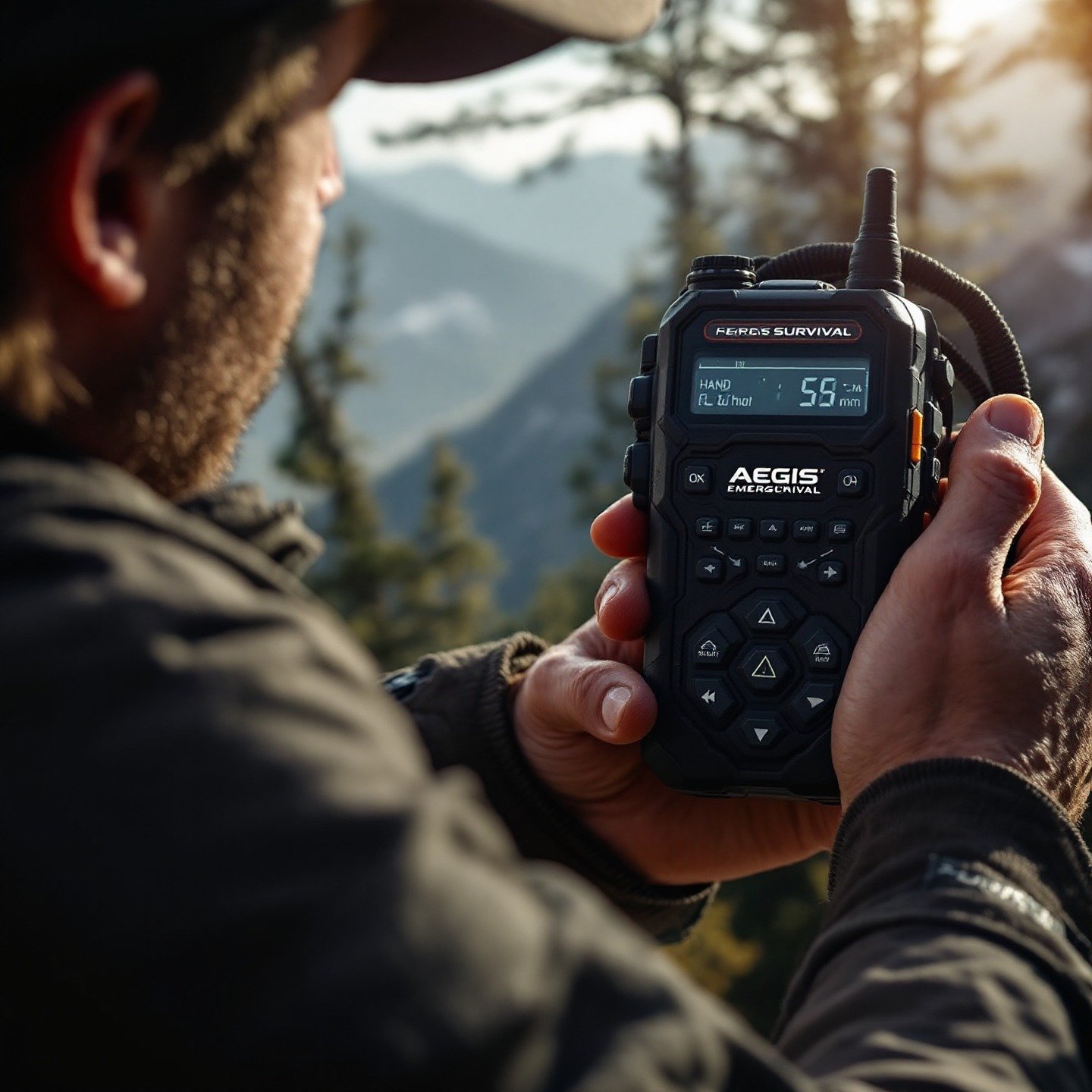 Una persona usando una radio de emergencia de manivela de AEGIS SURVIVAL, ilustrando una forma de cómo pedir ayuda en emergencia sin cobertura y recibir información vital.
