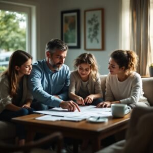 Una familia en casa revisando su preparación tormentas checklist de emergencia, ilustrando la importancia de la planificación familiar.