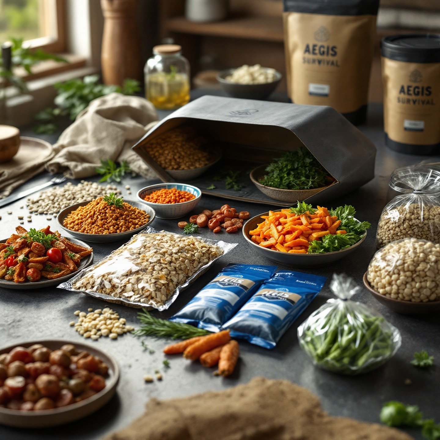 Un kit de comida liofilizada de Aegis Survival con su contenido listo para ser preparado, un ejemplo de alimentos no perecederos supervivencia avanzados.
