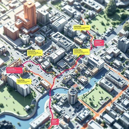 Un mapa de una ciudad con rutas de evacuación marcadas, mostrando una estrategia clave de supervivencia urbana técnicas y planificación para desastres.