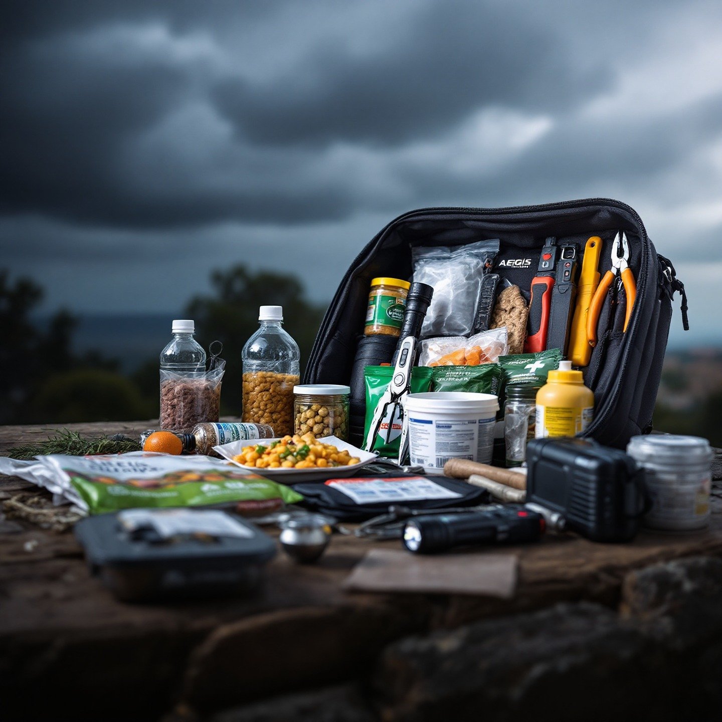 Un kit de supervivencia de AEGIS SURVIVAL, con comida, agua, botiquín y herramientas, ilustrando el equipo esencial para la preparación para tormentas en España.