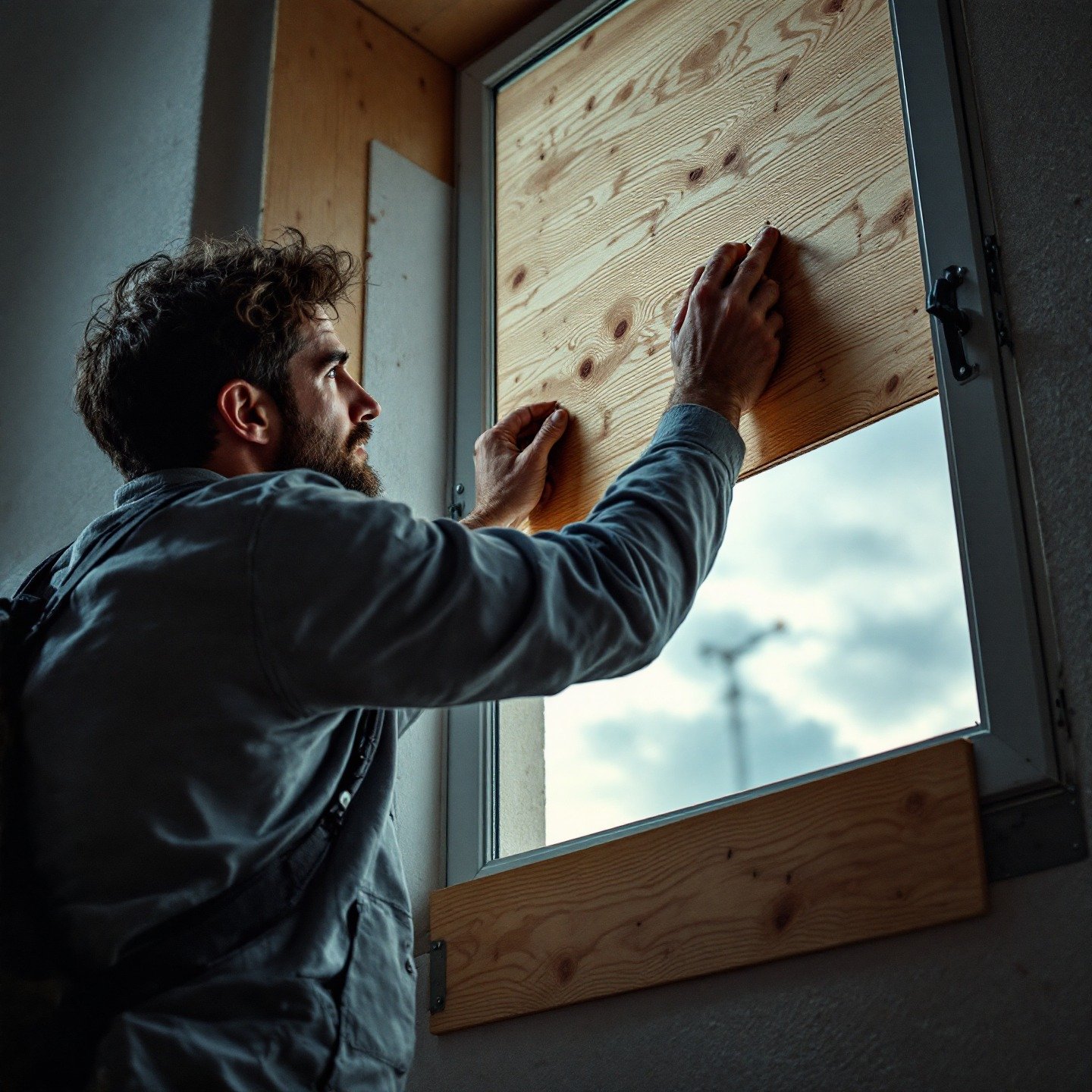 Una persona asegurando una ventana con madera contrachapada, como parte de la preparación para tormentas en España, para proteger el hogar de fuertes vientos.